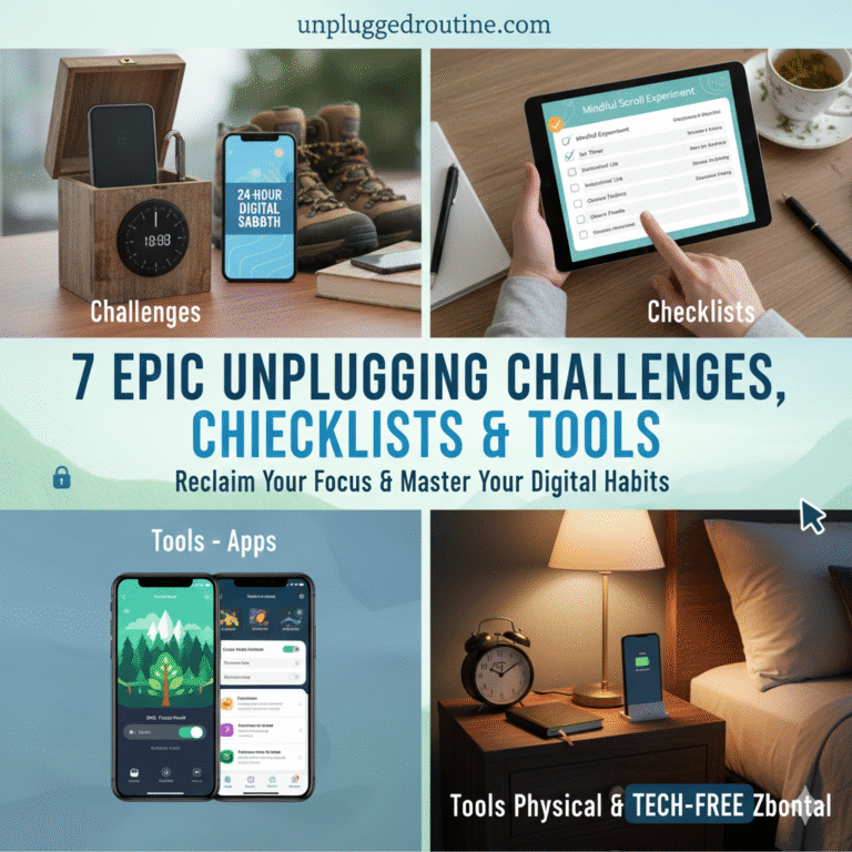 "A person marking off a digital detox task on a printed checklist next to an analog alarm clock and a smartphone locked in a timed box, showcasing effective unplugging challenges, checklists & tools."
