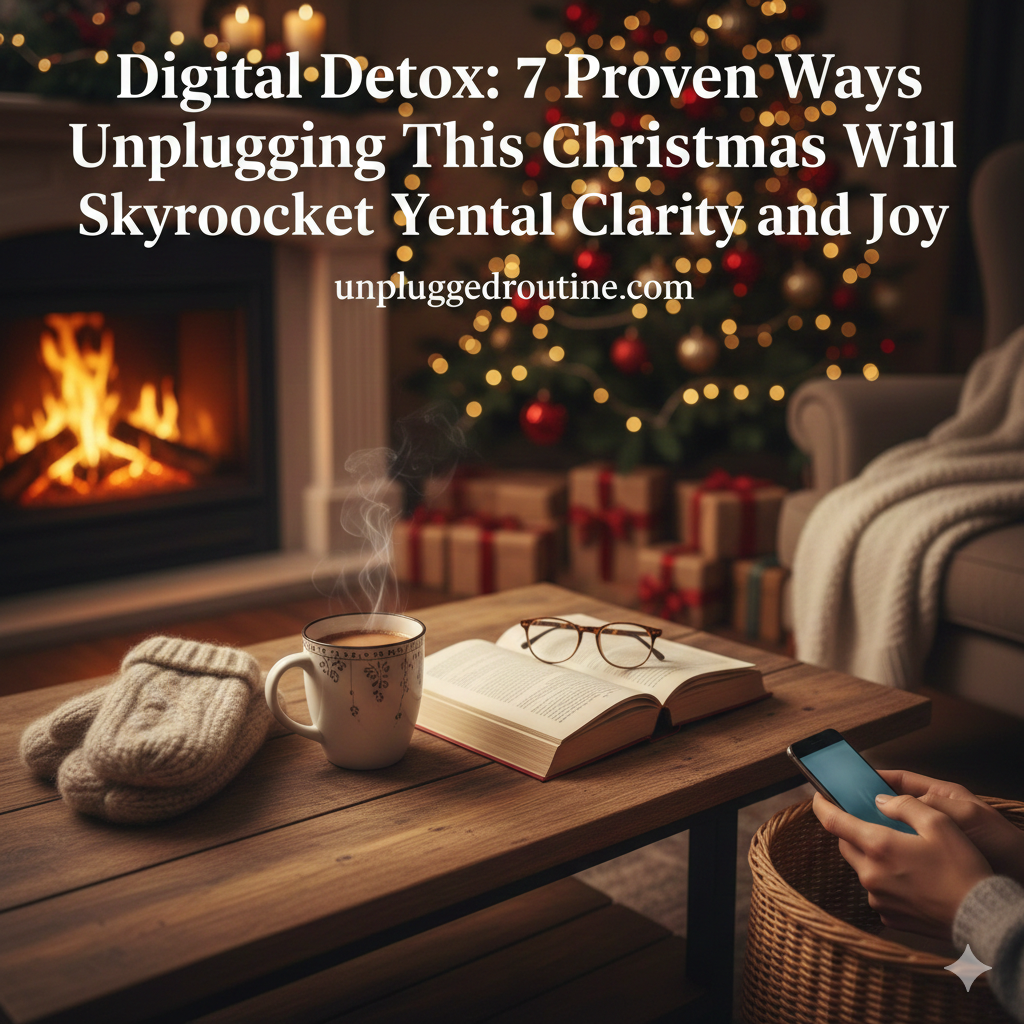 Digital Detox for Christmas: Cozy scene showing a wooden coffee table with a steaming mug, a pair of reading glasses on an open book, and warm mittens next to a basket holding a phone. In the background, a warm fireplace and a decorated Christmas tree with wrapped gifts emphasize the goal of unplugging for increased mental clarity and holiday joy.