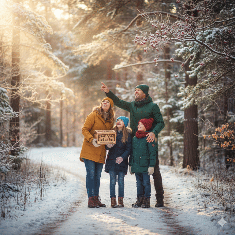 Three friends enjoying a screen-free holiday tradition by taking a nature walk along a snowy trail at the Grand Canyon to replace digital overload with fresh air and scenic views.