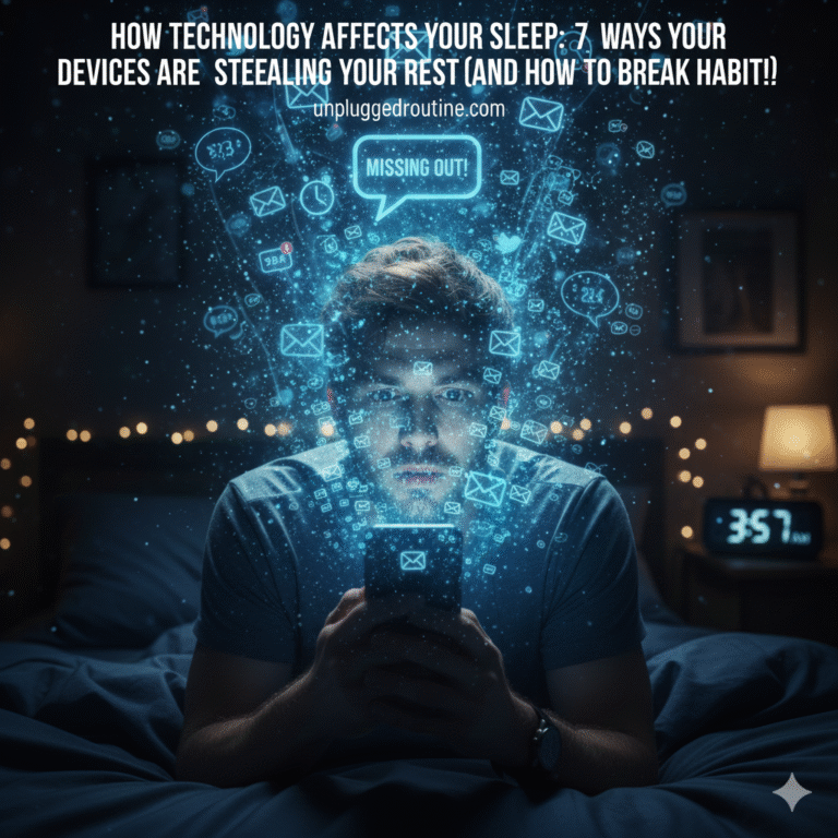 How Technology Affects Your Sleep: A cozy, dimly lit bedroom scene showing a woman relaxing, reading a physical book with a warm drink, illustrating a healthy alternative to screen use before bed.