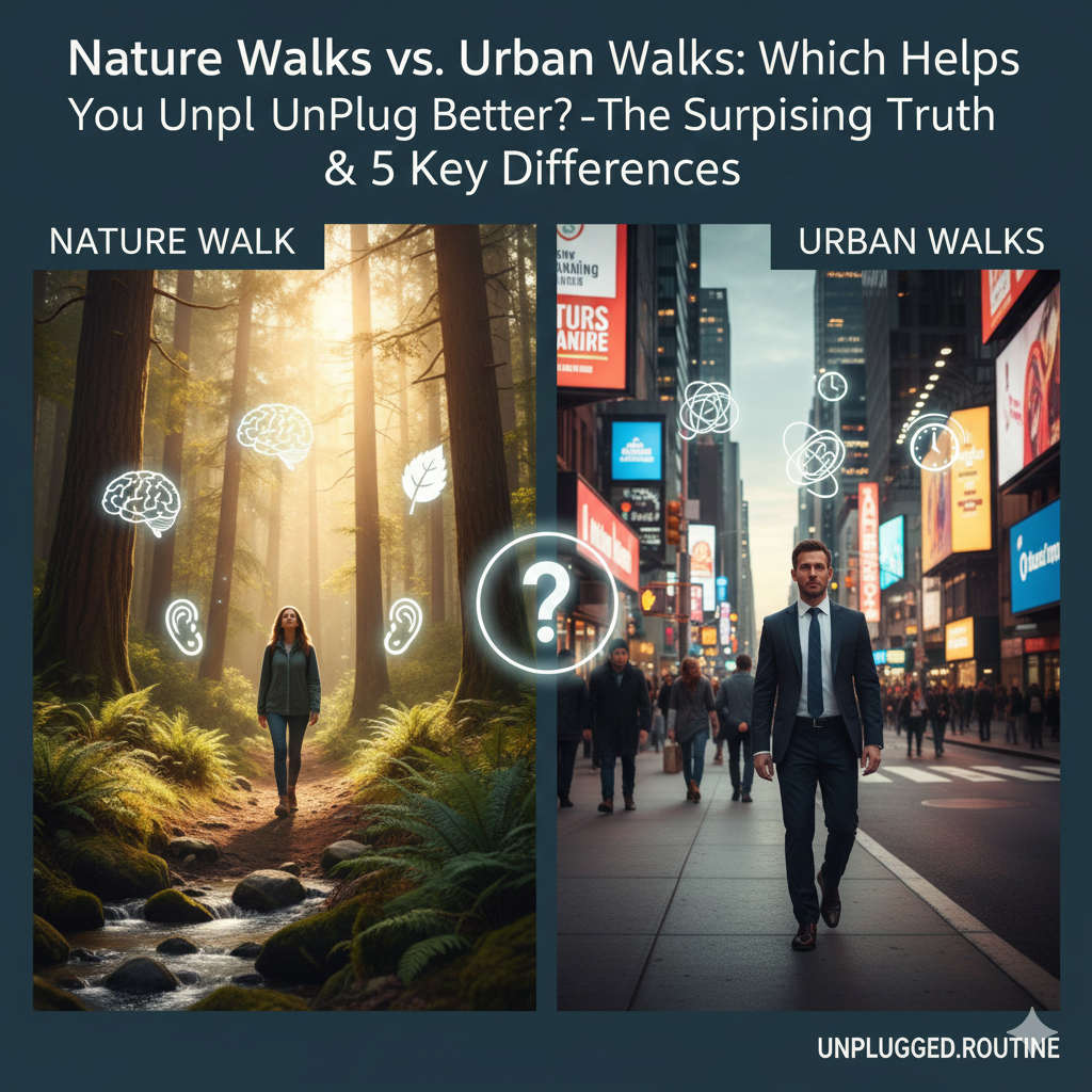 A split-screen comparison showing Nature Walks vs. Urban Walks: Which Helps You Unplug Better?, featuring a peaceful forest path on one side and a busy city sidewalk on the other.