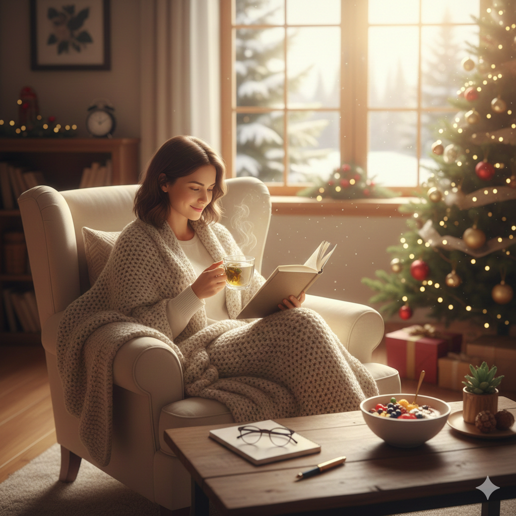 Holiday Morning Routine: Start Your Day Without Screens for More Joy and Energy - A cozy image of a woman wrapped in a blanket, reading a book and sipping tea by a window with a snow scene and a festive, decorated Christmas tree, illustrating a joyful and energizing screen-free start to the holiday day.