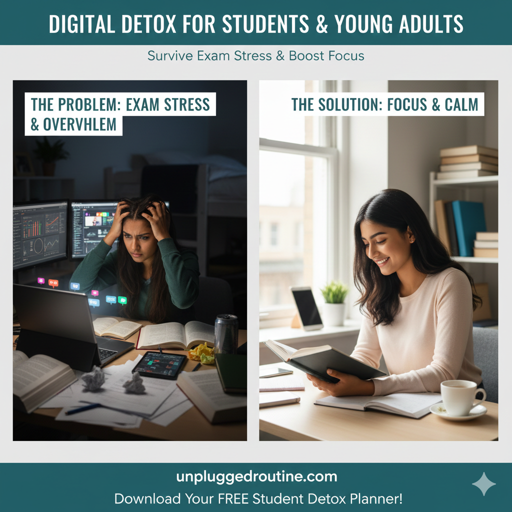 A young woman (student age) sleeping peacefully in bed, hugging a physical book instead of a phone. A tablet rests on a chair nearby, symbolizing the importance of a Digital Detox for Students & Young Adults to improve sleep, survive exam stress, and boost focus.