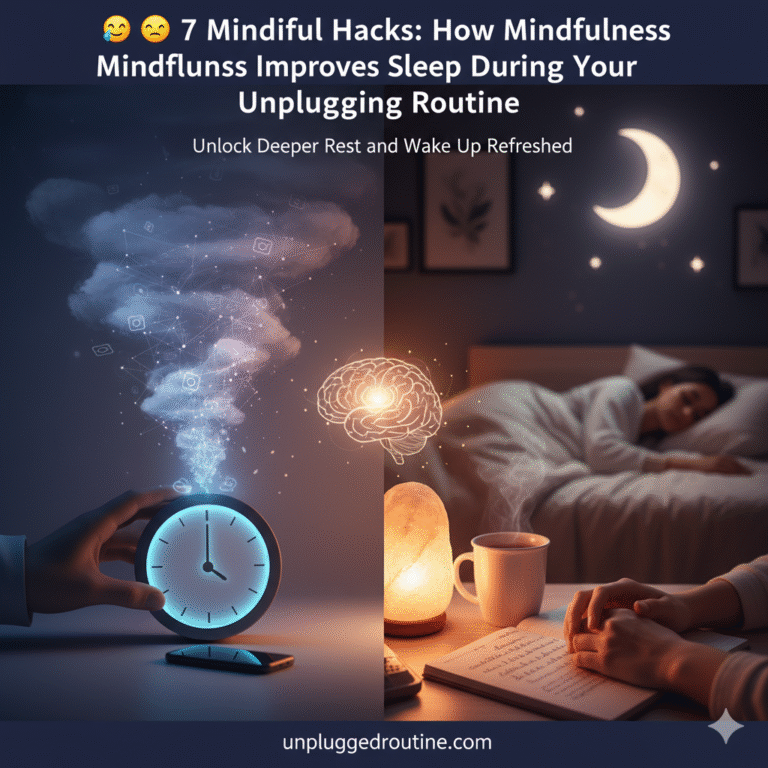 A calm, warm image showing a person lying comfortably in bed, hands resting gently on their stomach, with a soft, peaceful expression. The lighting is dim and warm, indicating evening. A physical book is closed on a nearby nightstand next to a cup of herbal tea and a switched-off device, illustrating the transition from an unplugging routine into a mindful sleep state. The scene emphasizes how mindfulness improves sleep by promoting relaxation.