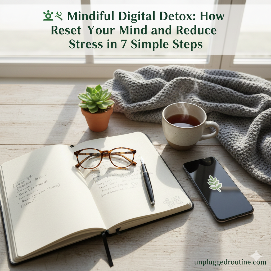 A serene image showing a person's hands holding a stone with a balanced stack of smooth river stones (cairn) in the foreground. The background is blurred, showing soft sunlight, green grass, and water, symbolizing peace and nature. A phone is resting nearby, face down on a piece of fabric, signifying disconnection and the focus on mindfulness and mental rest during a Mindful Digital Detox.