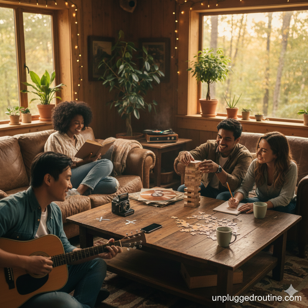 Group of diverse friends enjoying a cozy, unplugged weekend in a rustic cabin, playing board games, reading, journaling, and playing guitar. The focus is on authentic connection and screen-free leisure, illustrating Weekend Unplugging Challenges success.