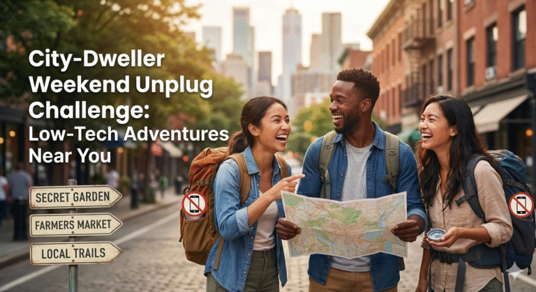 A city dweller starting the City-Dweller Weekend Unplug Challenge by placing her smartphone and tablet in a "Digital Detox Zone" box. She is practicing mindful yoga in her apartment to reset her focus before embarking on low-tech urban adventures.