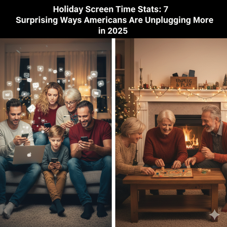 "An infographic-style image illustrating Holiday Screen Time Stats for 2025, featuring a family gathered around a cozy fireplace while their smartphones are stored in a 'Digital Sunset' basket. The image highlights the trend of Americans unplugging to prioritize family presence over screen time during the holiday season."