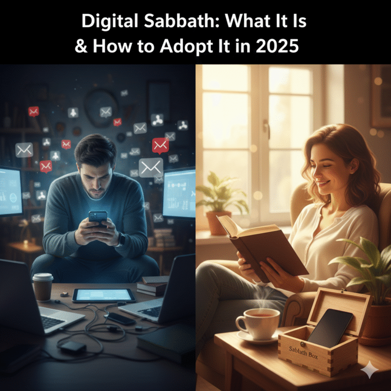 "A family enjoying a Digital Sabbath in 2025, sharing a meal together at a candlelit table while their smartphones are stored in a wooden 'Phone Detox Box' in the foreground. The scene illustrates how to adopt a tech-free routine to replace digital stress with meaningful family presence."