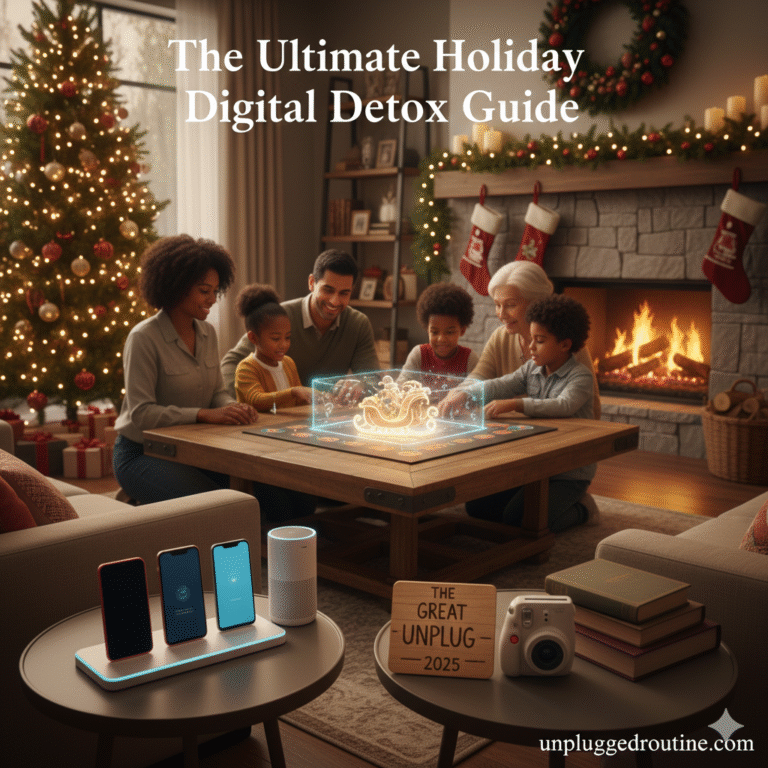 A family practicing a holiday digital detox by placing smartphones in a woven basket while they enjoy a board game and hot cocoa by a cozy Christmas fireplace.