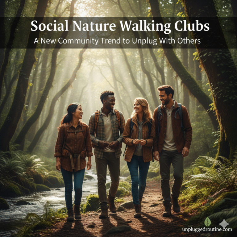 A diverse and happy group of people hiking together on a sun-drenched forest trail, representing a social nature walking club with the title "Social Nature Walking Clubs: A New Community Trend to Unplug With Others" and the unpluggedroutine.com logo.