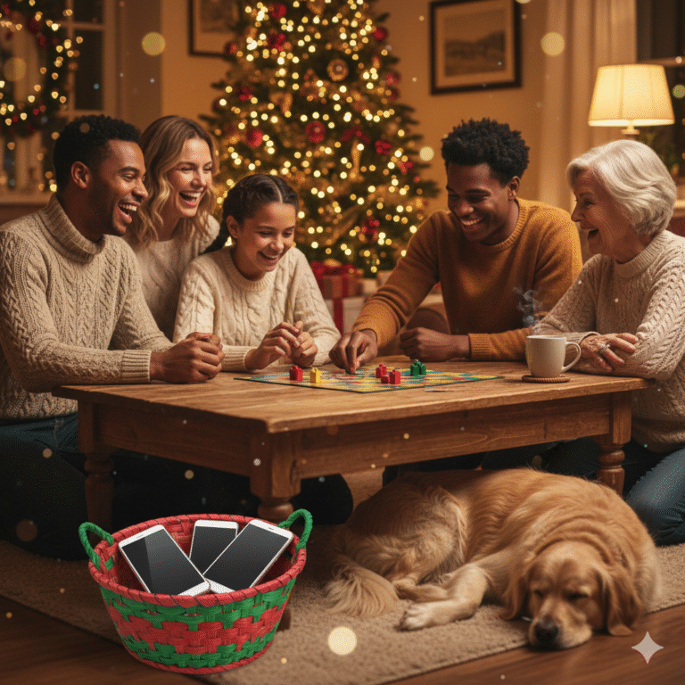 The Christmas Burnout Is Real — A cozy image of a relaxed woman wrapped in a warm blanket, reading a book and sipping a hot drink by a bright window, next to a festive Christmas tree, symbolizing how unplugging can save your sanity during the holiday season.