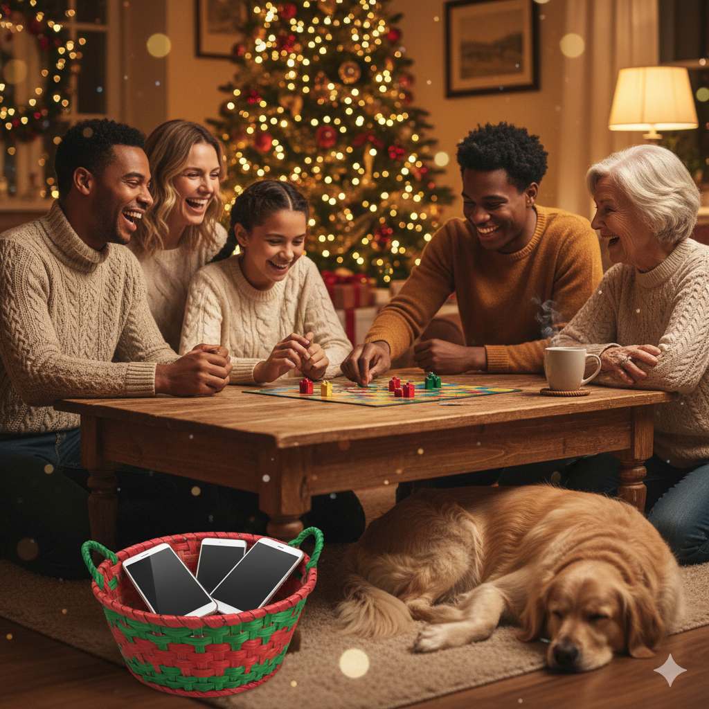 The Christmas Burnout Is Real — A cozy image of a relaxed woman wrapped in a warm blanket, reading a book and sipping a hot drink by a bright window, next to a festive Christmas tree, symbolizing how unplugging can save your sanity during the holiday season.