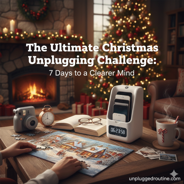 Feature image for The Ultimate Christmas Unplugging Challenge: A family enjoys screen-free time by the fire, playing a game while a time-locking K-Safe box secures their smartphones, symbolizing commitment to the digital detox.