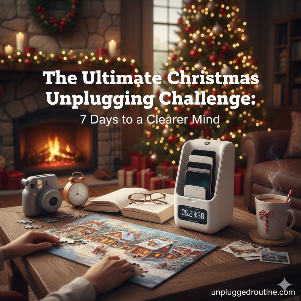Feature image for The Ultimate Christmas Unplugging Challenge: A family enjoys screen-free time by the fire, playing a game while a time-locking K-Safe box secures their smartphones, symbolizing commitment to the digital detox.