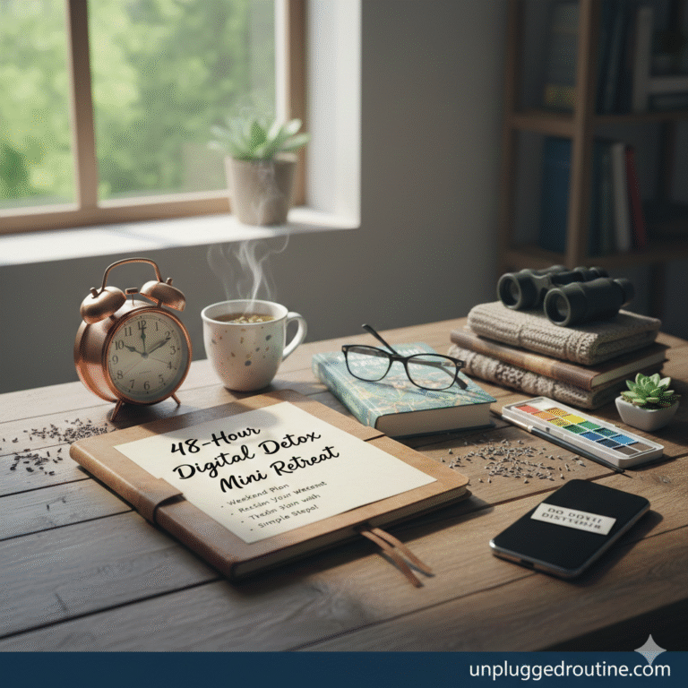 A cozy wooden table featuring a notebook titled "48-Hour Digital Detox Mini Retreat," an analog alarm clock, a steaming cup of tea, a stack of books, and a smartphone turned face down with a "Do Not Disturb" sign, representing a weekend screen-free challenge for unpluggedroutine.com.