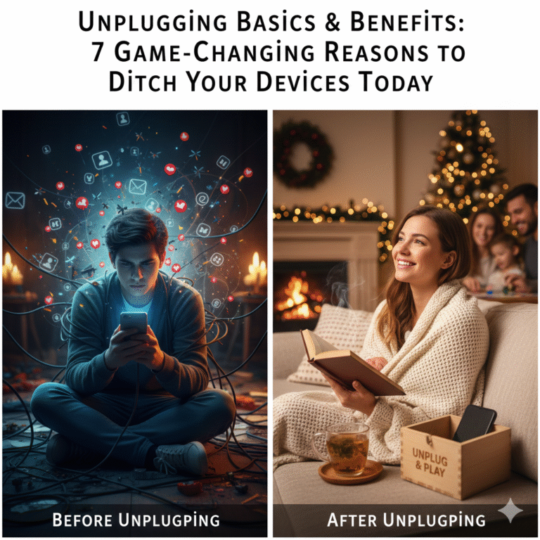 "A serene 2025 conceptual image illustrating Unplugging Basics & Benefits, featuring a person sitting peacefully in a sunlit room with a book. In the background, a smartphone is placed face-down on a wooden table, symbolizing the mental clarity and stress reduction achieved by setting digital boundaries and reclaiming personal focus."