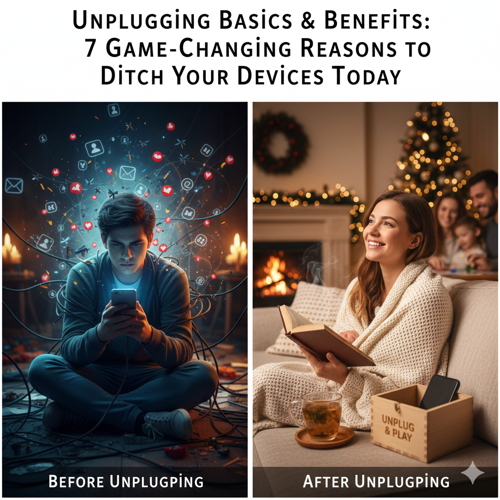 "A serene 2025 conceptual image illustrating Unplugging Basics & Benefits, featuring a person sitting peacefully in a sunlit room with a book. In the background, a smartphone is placed face-down on a wooden table, symbolizing the mental clarity and stress reduction achieved by setting digital boundaries and reclaiming personal focus."