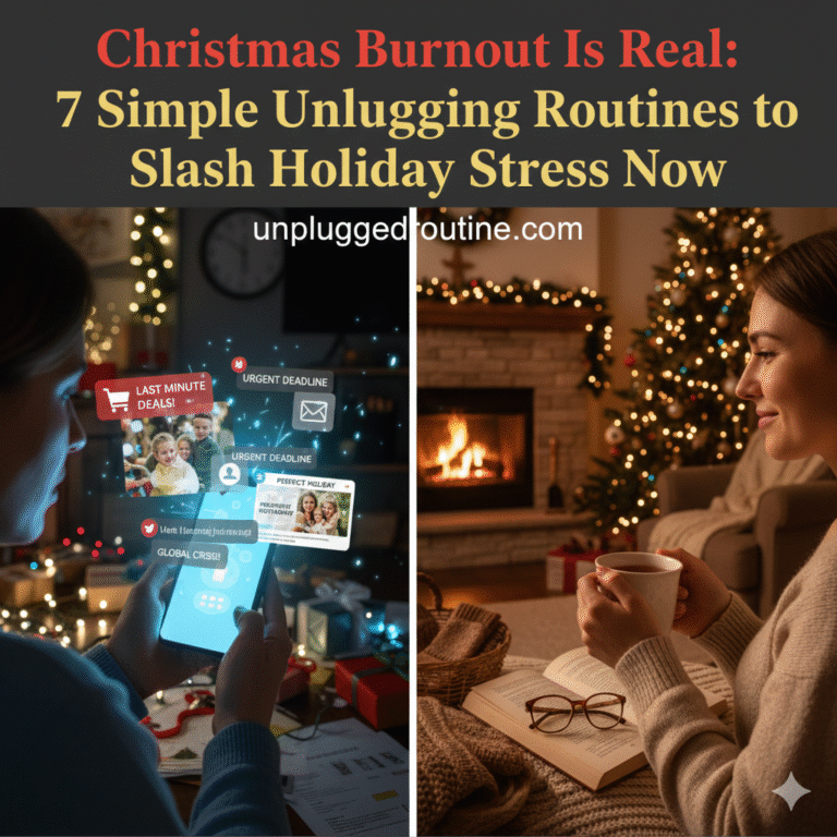 Unplugging Routine to reduce holiday stress: A person is relaxing in a cozy room with a warm fireplace and a lit Christmas tree in the background. They are reading a physical book on a wooden table next to a cup of steaming tea, with their phone placed away in a wicker basket, symbolizing a deliberate break from screens to prevent Christmas Burnout.