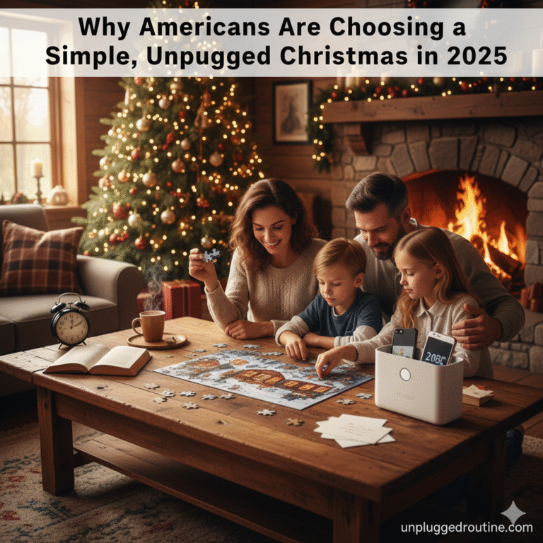 Family enjoying a Simple, Unplugged Christmas by playing a puzzle and reading by the fireplace, while their smartphones are intentionally secured in a timed lock box, symbolizing a digital detox choice.