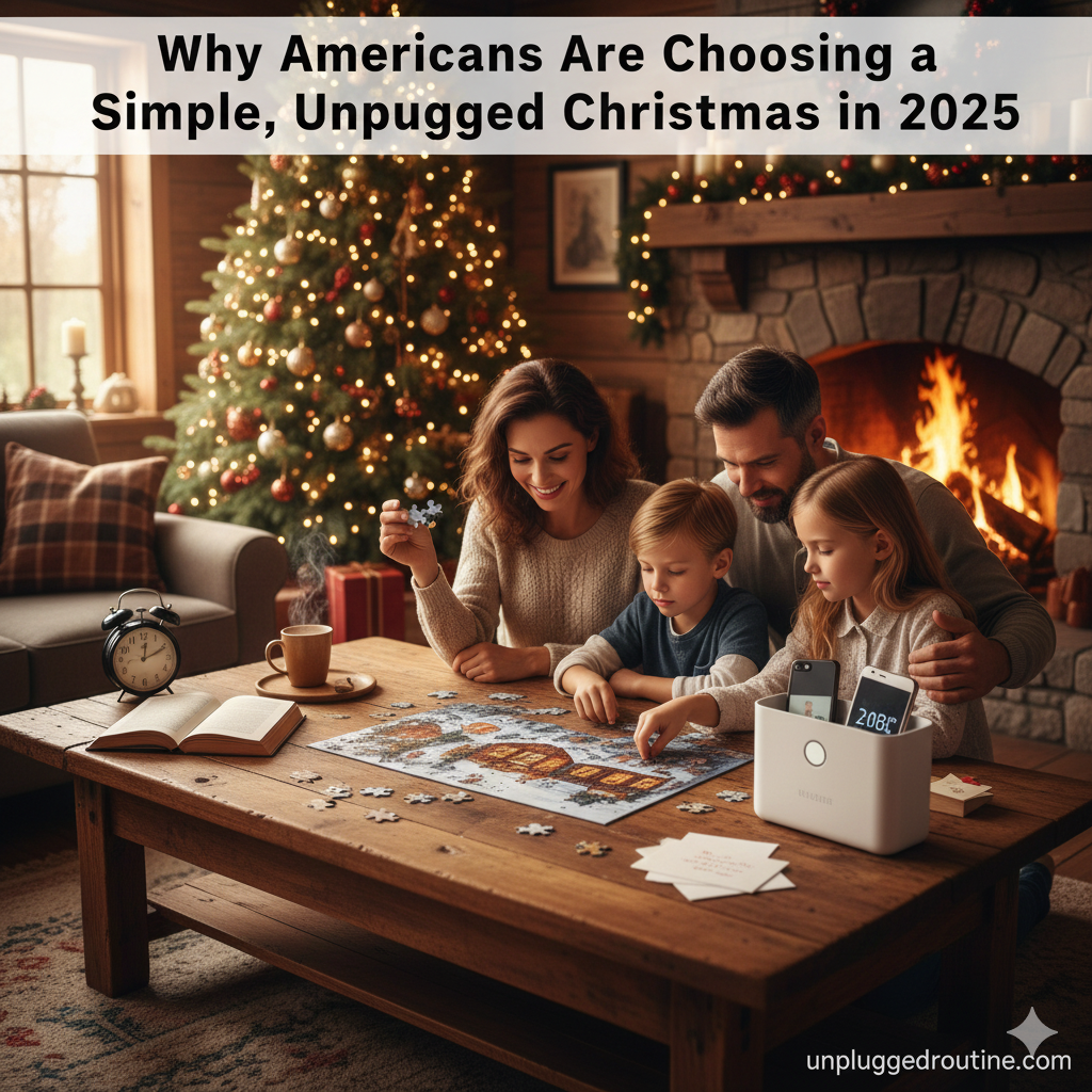 Family enjoying a Simple, Unplugged Christmas by playing a puzzle and reading by the fireplace, while their smartphones are intentionally secured in a timed lock box, symbolizing a digital detox choice.