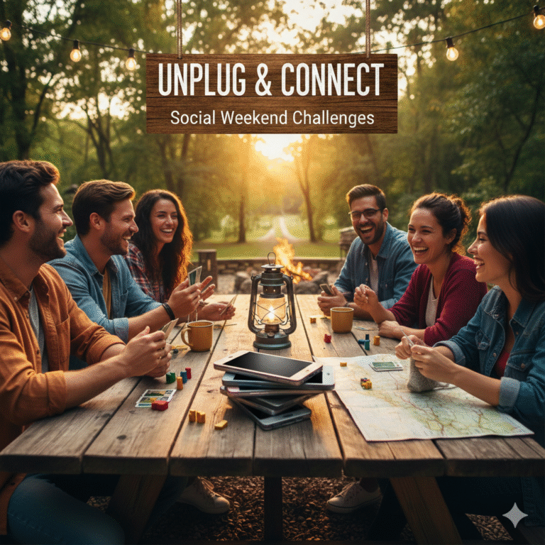 A group of diverse friends laughing and playing board games outdoors at a wooden picnic table during sunset. A stack of smartphones sits untouched in the center of the table, symbolizing a digital detox. A rustic wooden sign hanging above reads "UNPLUG & CONNECT: Social Weekend Challenges."