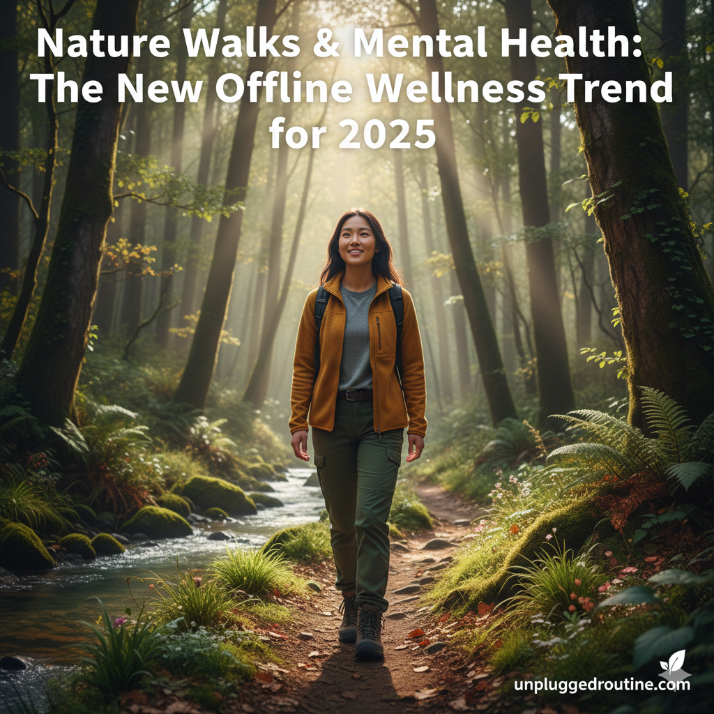 A woman smiling while walking on a lush forest trail alongside a small stream, featuring the text "Nature Walks & Mental Health: The New Offline Wellness Trend for 2025" and the unpluggedroutine.com logo.