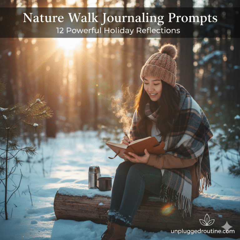 A cozy and mindful scene of a person’s hands holding an open journal and a pen, resting on a rustic wooden bench in a serene winter forest, with a steaming thermos nearby and the title "Nature Walk Journaling Prompts: Holiday Edition" and the unpluggedroutine.com logo.