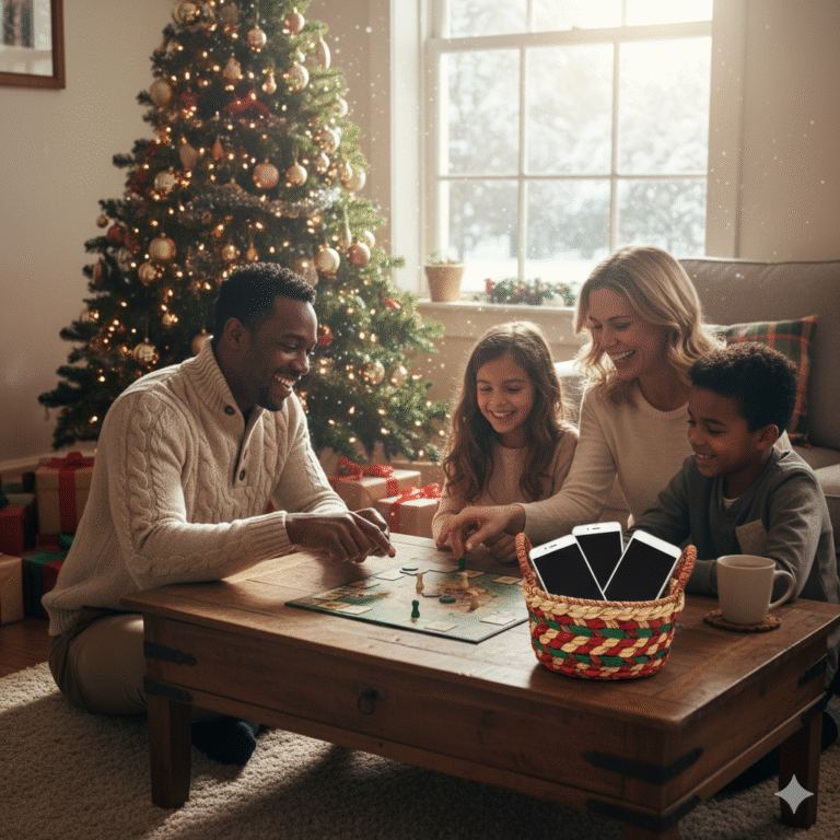 Holiday Digital Detox: 10 Ways to Unplug and Actually Enjoy Christmas This Year - A peaceful scene showing a woman relaxing in an armchair, covered by a cozy blanket, reading a book and enjoying a cup of tea, with a festive Christmas tree and a snowy window background, symbolizing a restful, screen-free holiday moment.