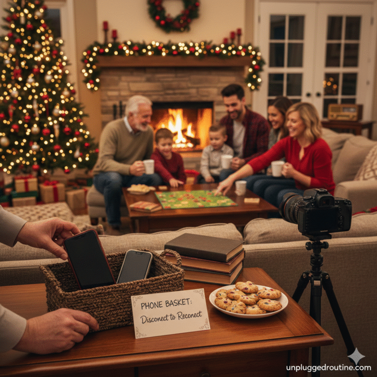A cozy family gathering by a fireplace showing how to unplug this Christmas by placing smartphones in a "Phone Basket" while the family plays a board game together in the background.