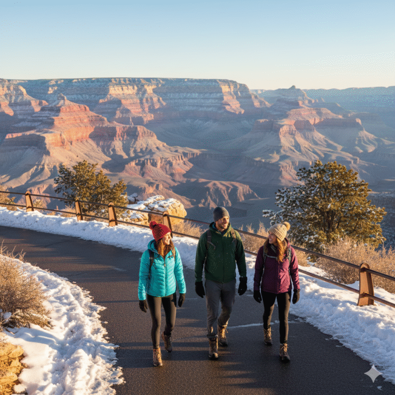 A group of friends enjoying a Christmas or New Year's nature walk along the snow-dusted South Rim of Grand Canyon National Park during a golden winter sunset.
