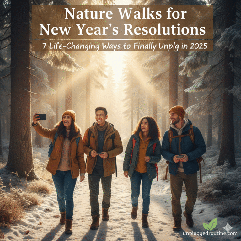 A motivated person standing at a trailhead on a bright January morning, putting their smartphone into a backpack to signify a New Year's resolution to unplug, with a scenic forest path ahead and the title "Nature Walks for New Year’s Resolutions" and the unpluggedroutine.com logo.