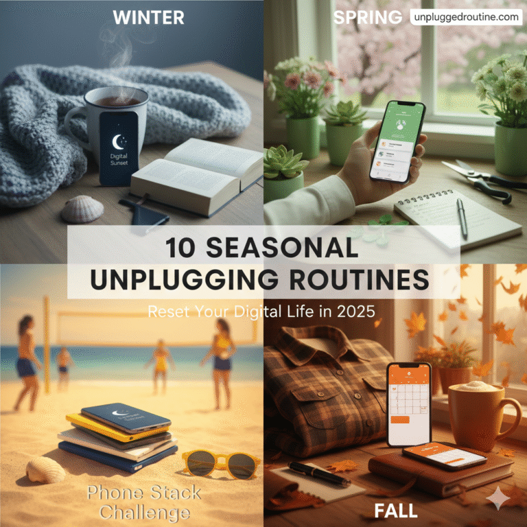 "A split-screen visual showing a workspace in winter with a warm coffee and a workspace in spring with fresh flowers, featuring a smartphone turned off to illustrate seasonal unplugging routines and a year-round digital reset."