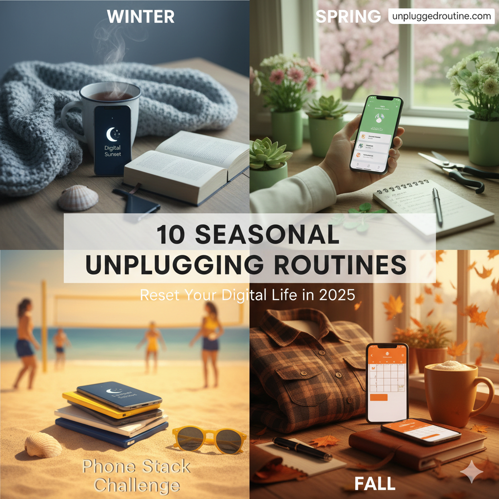 "A split-screen visual showing a workspace in winter with a warm coffee and a workspace in spring with fresh flowers, featuring a smartphone turned off to illustrate seasonal unplugging routines and a year-round digital reset."
