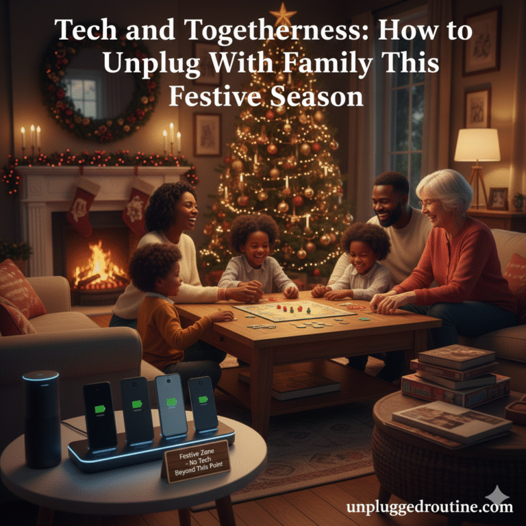 A multi-generational family balancing tech and togetherness by putting away smartphones and focusing on a board game and conversation in a festive Christmas living room.