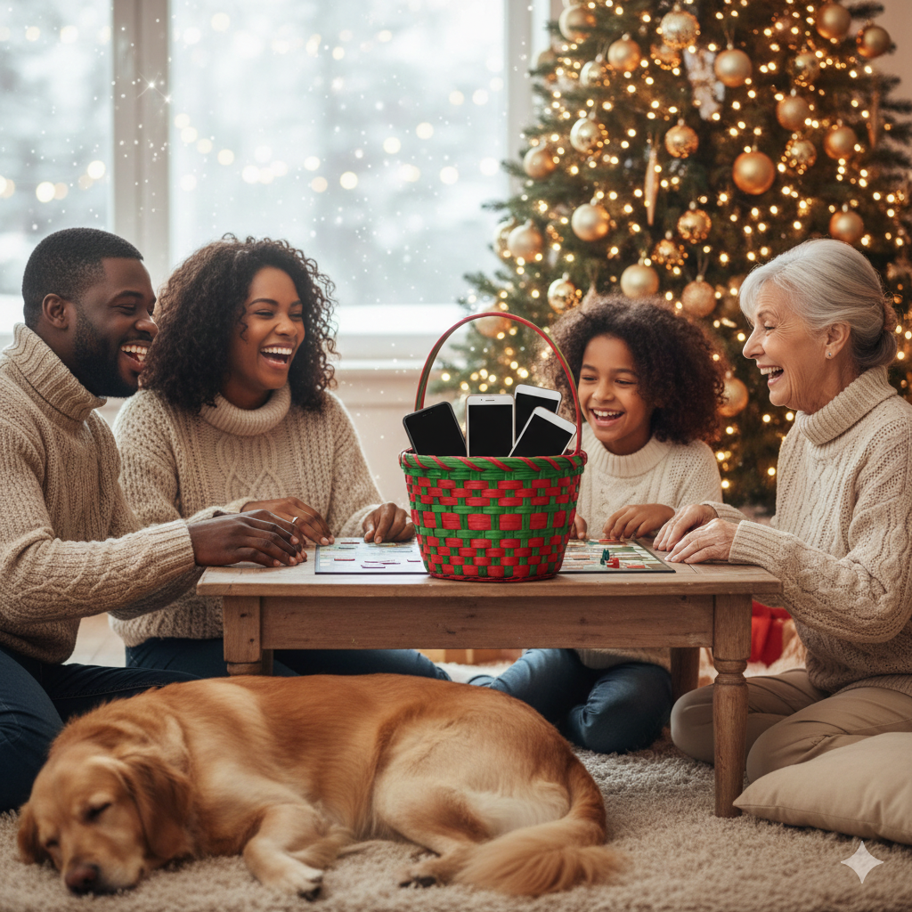 12 Cozy, Screen-Free Christmas Traditions - A woman wrapped in a chunky knit blanket, sitting comfortably in an armchair, reading a physical book and sipping tea, with a festive, lit Christmas tree and snowy window view in the background, illustrating a cozy, happier holiday season spent unplugged.