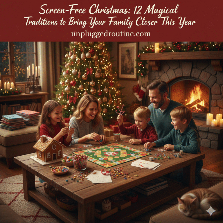 Screen-Free Christmas tradition showing a diverse family sitting together on a rug in front of a fireplace and a decorated tree. They are engaged in a shared activity, possibly playing a board game or doing crafts, emphasizing the goal of bringing the family closer without the distraction of screens.