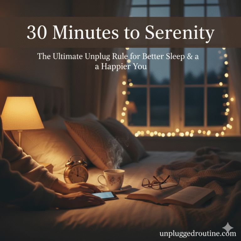 A cozy, low-light bedroom scene showing a person's hand setting an analog alarm clock next to a smartphone docked for charging, emphasizing the 30-Minute Unplug Rule. A book, glasses, and a steaming mug sit nearby on a bedside table, promoting better sleep routines.