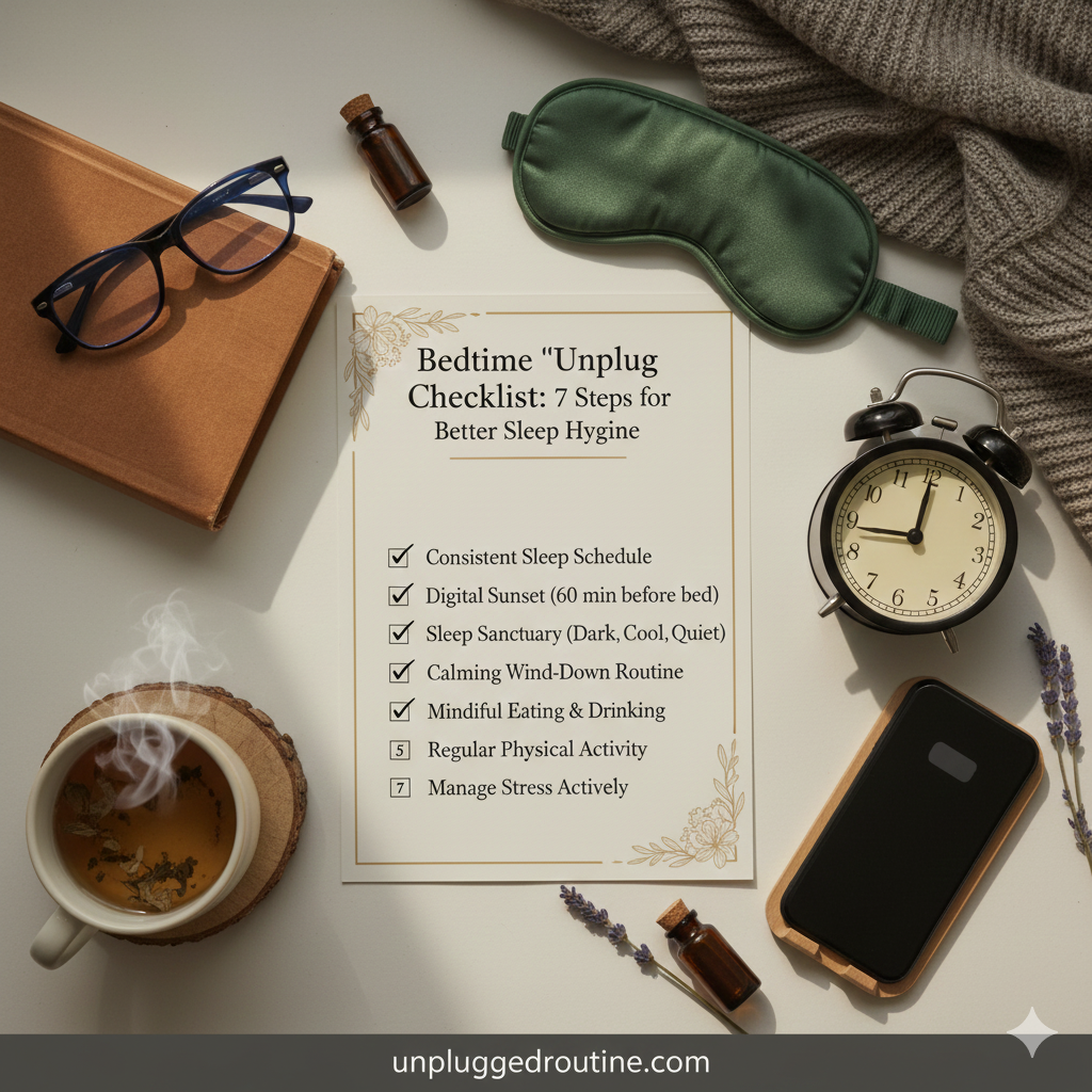 Bedtime “Unplug Checklist” image showing a person setting an analog clock and docking their phone for charging in a cozy, dark bedroom, symbolizing the start of a screen-free wind-down routine for better sleep hygiene.