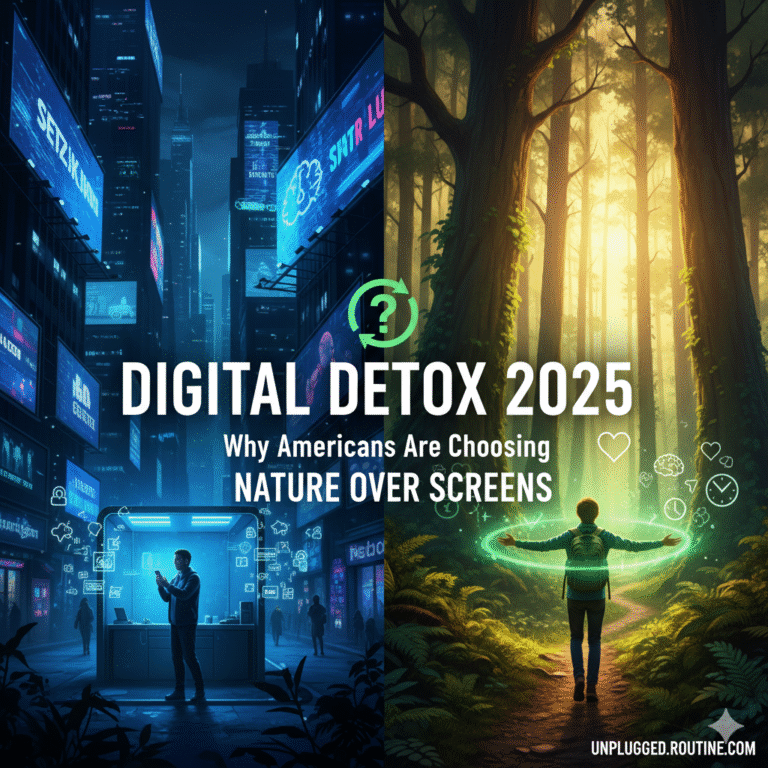 A visual representation of Digital Detox 2025: Why Americans Are Choosing Nature Over Screens, showing a person’s hand putting away a glowing smartphone to reach toward a lush, green forest landscape.