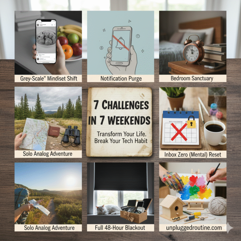 A bright, airy workspace featuring an analog alarm clock, a watercolor paint set, a cup of herbal tea, and a leather-bound journal titled "7 Challenges in 7 Weekends to Break Your Tech Habit" on a rustic wooden desk for unpluggedroutine.com.