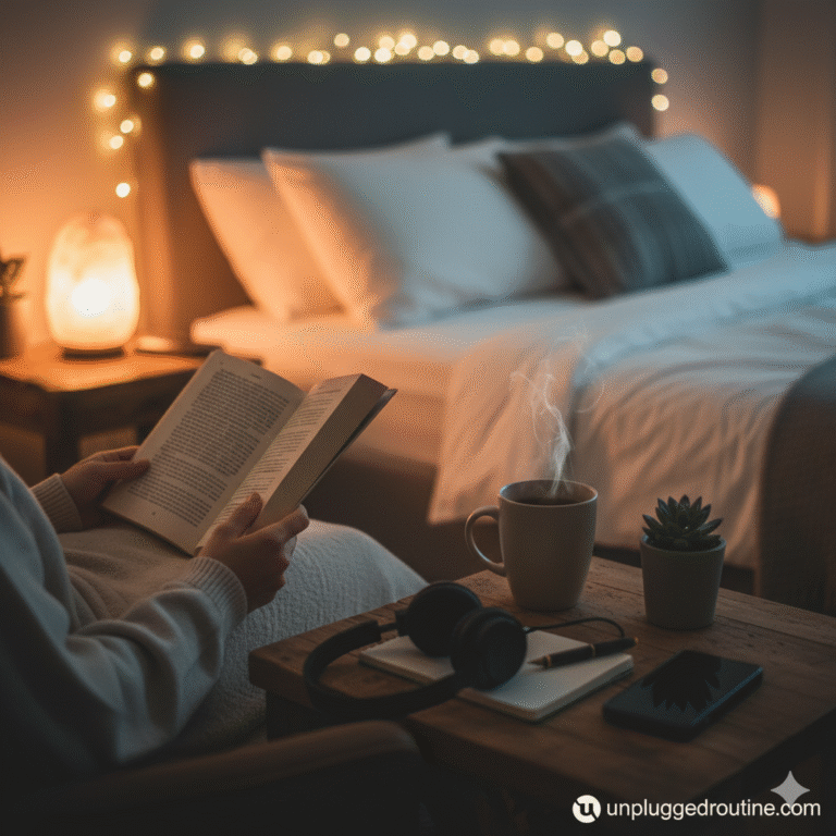 A dimly lit, peaceful bedroom scene at night. A person is seen relaxing in bed, holding a physical book, with a mug of tea on a nearby nightstand. The image emphasizes the 10 Simple Ways to Unplug Before Bed for Deep, Restful Sleep, highlighting the screen-free wind-down ritual.