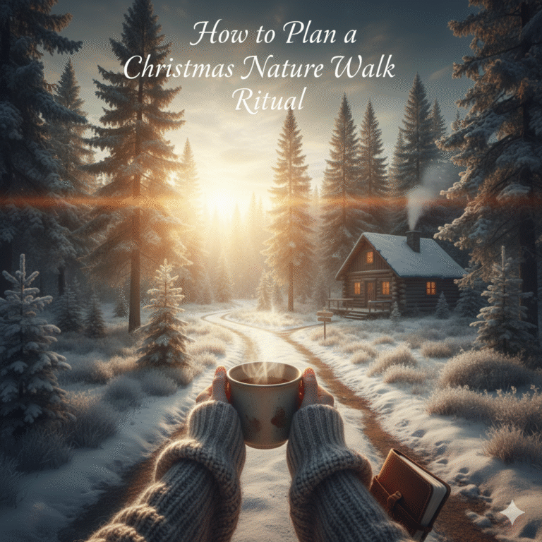 A serene POV of a person engaging in a Christmas Nature Walk Ritual to reduce holiday stress. One hand holds a rustic ceramic mug of hot cocoa while the other rests on a physical leather-bound journal. The background shows a peaceful, snow-dusted forest path at golden hour, emphasizing an unplugged and mindful holiday routine.