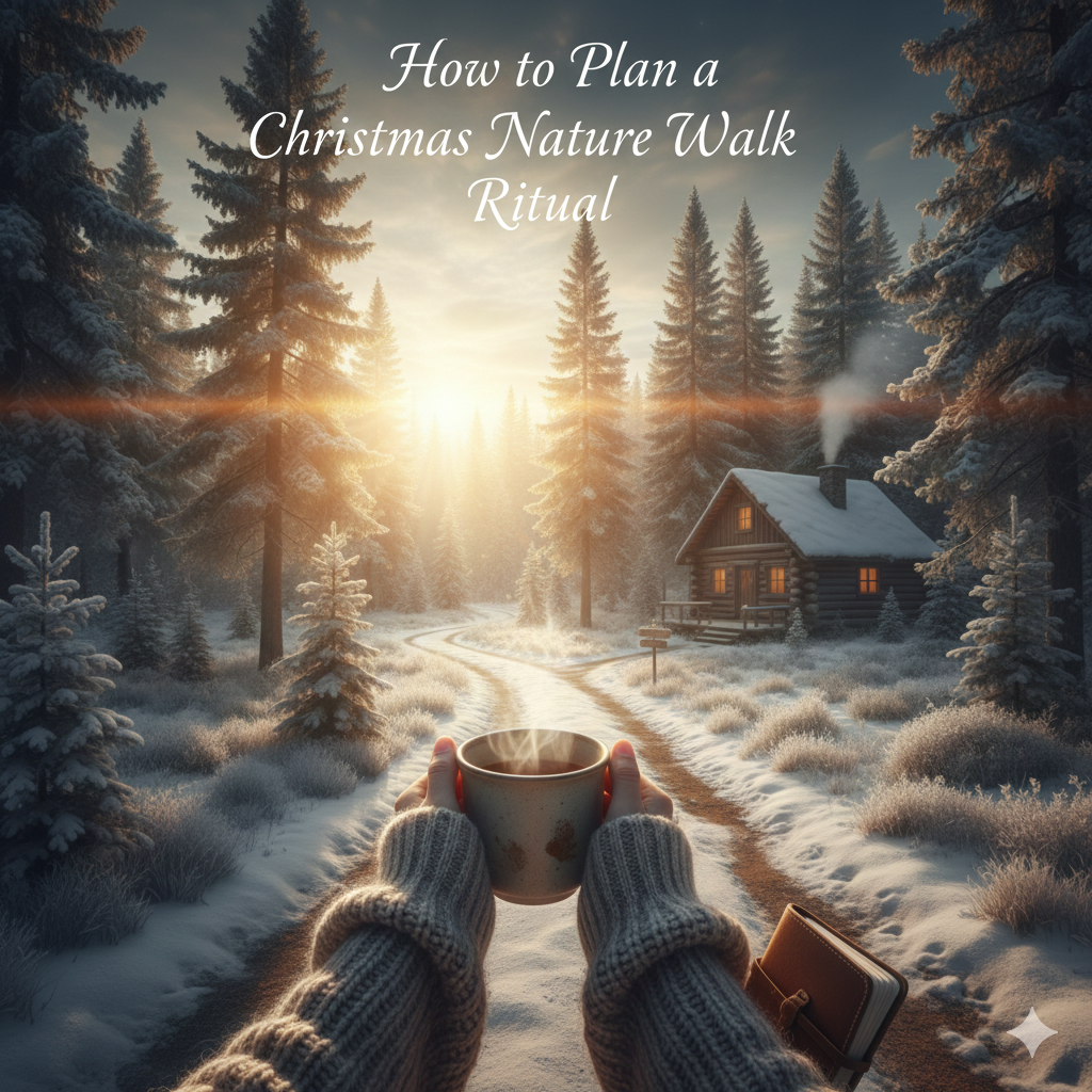 A serene POV of a person engaging in a Christmas Nature Walk Ritual to reduce holiday stress. One hand holds a rustic ceramic mug of hot cocoa while the other rests on a physical leather-bound journal. The background shows a peaceful, snow-dusted forest path at golden hour, emphasizing an unplugged and mindful holiday routine.
