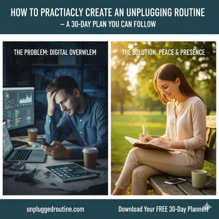 A woman sleeping peacefully in a comfortable bed at night, hugging a book while a digital device sits unused on a chair nearby, visually representing the first key step of the 30-Day Plan to practically create an unplugging routine and improve sleep.