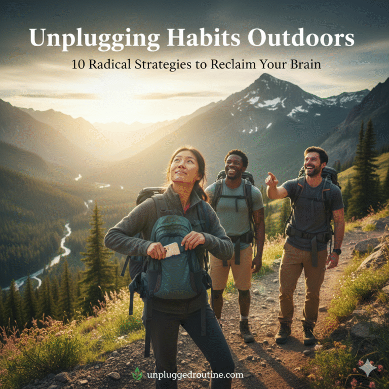 A first-person perspective (POV) of a hiker’s hands holding a physical paper map while standing on a winding dirt trail, with their smartphone securely tucked away in a side pocket, symbolizing effective unplugging habits outdoors against a backdrop of lush green hills and a vast open sky.