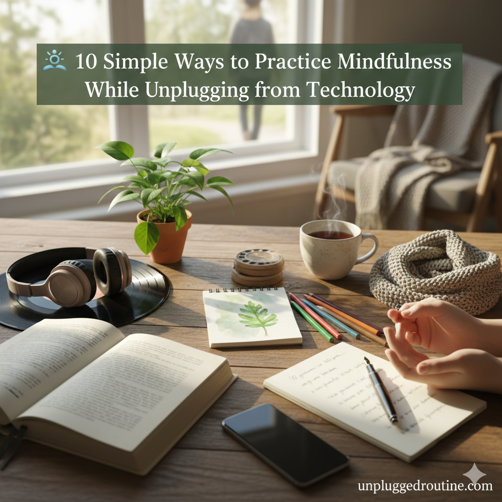 A calm, sunny image showing a person sitting cross-legged on a natural wood floor next to an open window overlooking green trees, holding a physical notebook and pen, engaging in reflective journaling or writing. Their smartphone is lying face down, slightly out of focus, symbolizing unplugging. The scene emphasizes presence, reflection, and mindfulness while unplugging from technology.