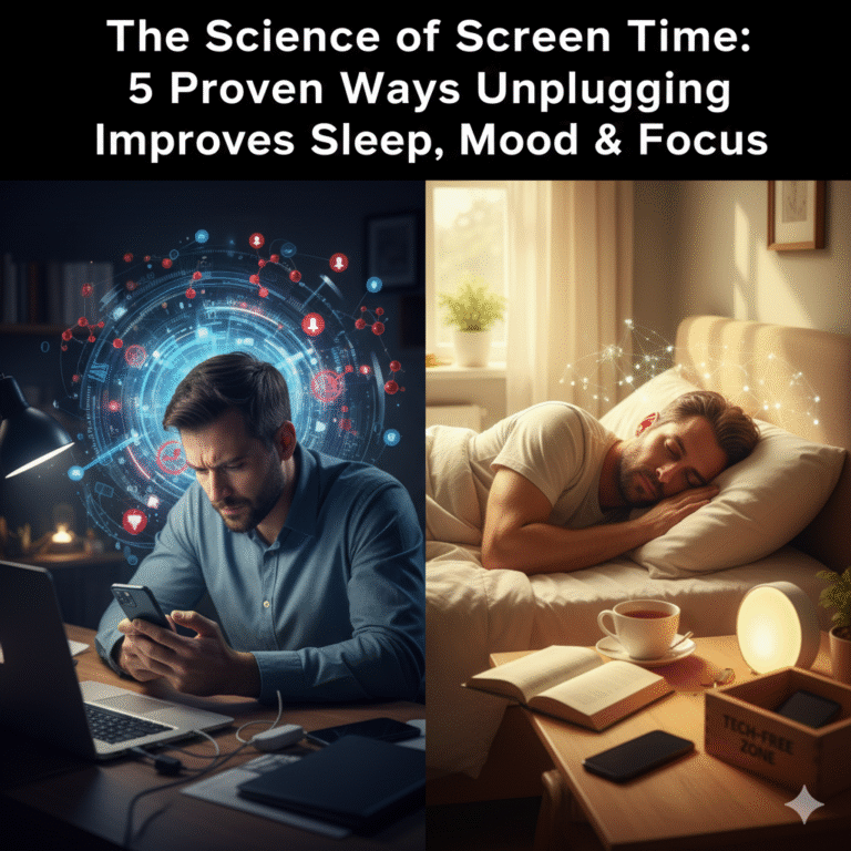 "A visual representation of the Science of Screen Time showing a woman practicing a digital sunset by reading a physical book in a cozy living room. The image illustrates how unplugging from blue light devices improves sleep, mood, and focus by creating a relaxing environment free from smartphones and tablets."