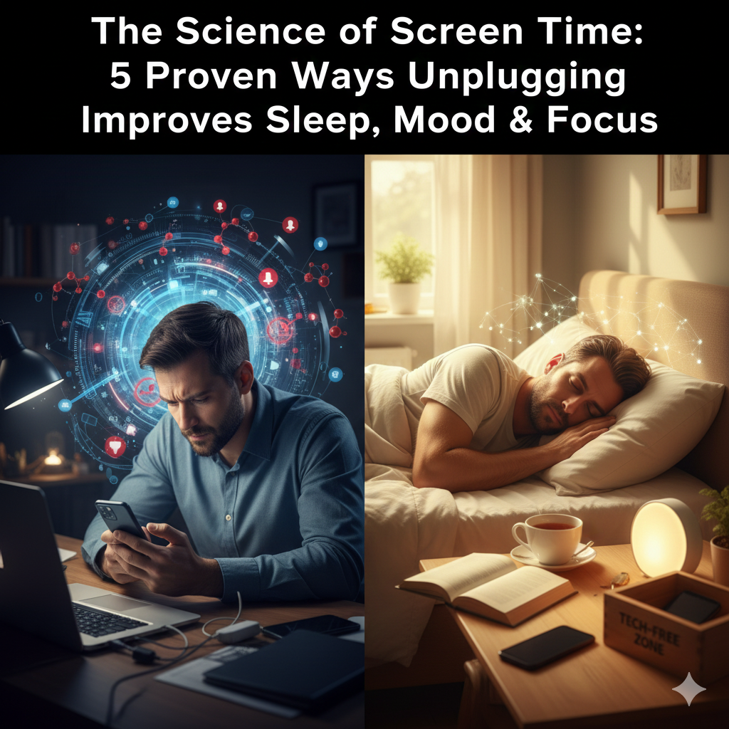 "A visual representation of the Science of Screen Time showing a woman practicing a digital sunset by reading a physical book in a cozy living room. The image illustrates how unplugging from blue light devices improves sleep, mood, and focus by creating a relaxing environment free from smartphones and tablets."
