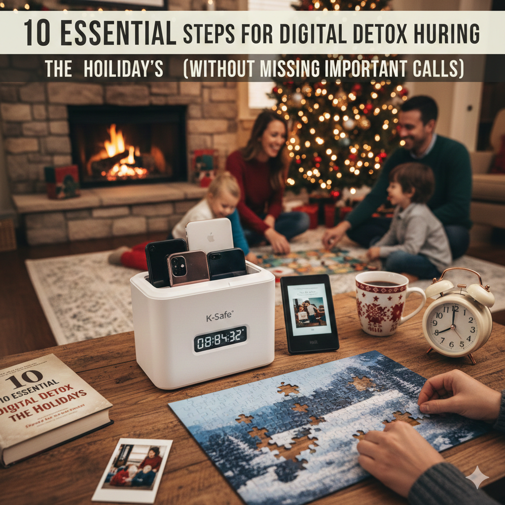 10 essential steps for a Digital Detox During the Holidays featuring a happy family playing a puzzle by a fireplace and Christmas tree. In the foreground, a K-Safe box locks away smartphones next to a Kindle, an analog alarm clock, and a finished jigsaw puzzle.